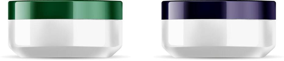 Round cosmetic jars set with glossy green and dark violet lids. White base containers mockup for cosmetic cream,salt,powder vector