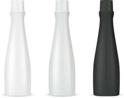 Cosmetic bottles mockup pack for shampoo or shower gel. Realistic 3d illustration of cosmetics package with lid. Clear blank template for your design. vector