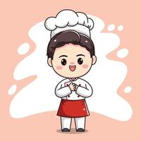 cute chef boy character with both hands on his chest vector