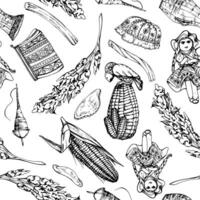 mano dibujado tinta ilustración, maíz maíz quinua alimento, tradicional bordado ropa sur central America, sin costura modelo aislado en blanco antecedentes. diseño viajar, menú, folleto, impresión vector