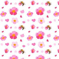Seamless pattern sakura flowers bee white background Texture hand drawn Pink daisy petals folk Bright ornament illustration vector
