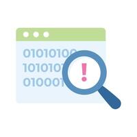 Exclamation mark on magnifier with webpage denoting flat concept icon of coding error search vector