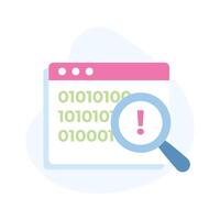 Exclamation mark on magnifier with webpage denoting flat concept icon of coding error search vector