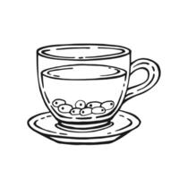 Cup of tea with healthy tea, sea buckthorn. Hand drawn illustration in outline style. vector