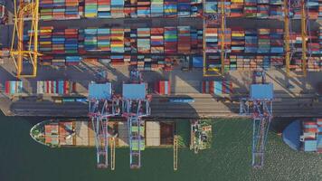 bezig met laden en lossen een houder schip in de haven Bij de pier. tijd vervallen video