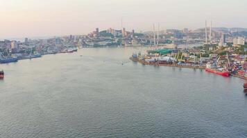 View of the cityscape of Vladivostok. The famous Golden Bridge across the sea video