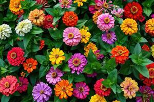 In a flower bed in a large number various zinnias grow and blossom. photo