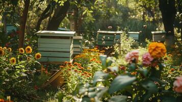 An apiary nestled in a lush garden, beehives arranged neatly among colorful flowers photo