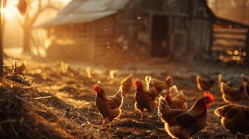 A bustling farmyard scene with hens pecking at the ground, a rustic barn in the background. photo