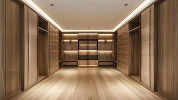 Modern interior design of a dressing room with modern wardrobe shelves on the wall. photo