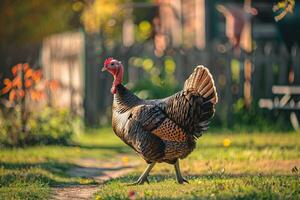 Wild turkey walks a rustic farmyard. photo