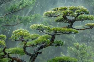 japonés jardín pino arboles en primavera lluvia. foto