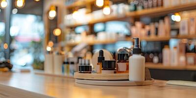 Cosmetics products on table inside shop. photo