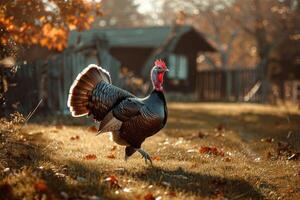 Wild turkey walks a rustic farmyard. photo