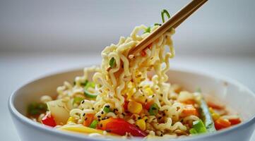 Cooked instant noodles sprinkled with spices, vegetables, herbs. photo