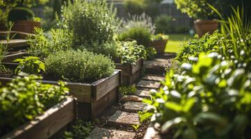 Wooden raised beds neatly arranged with rows of aromatic herbs. photo