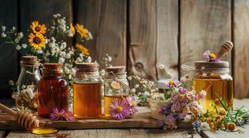 Preparation of herbs, homeopathy, dried flowers and honey. photo