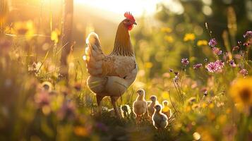 A hen with her chicks in a colorful beautiful meadow in the sun photo