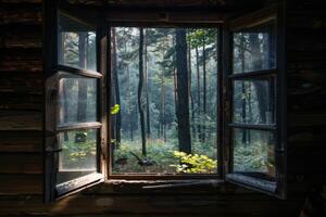 Trees seen through window photo