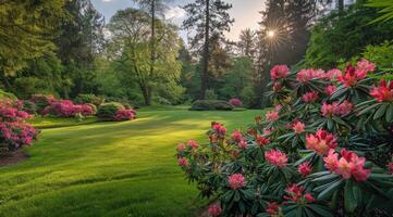 Beautiful garden with pink rhododendrons. photo