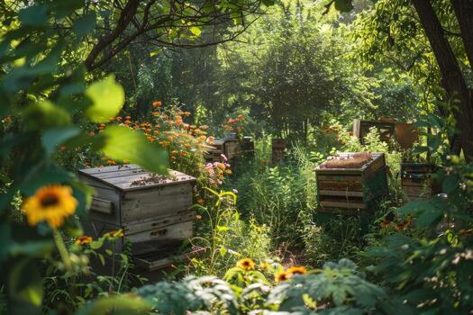 An apiary nestled in a lush garden, beehives arranged neatly among colorful flowers photo