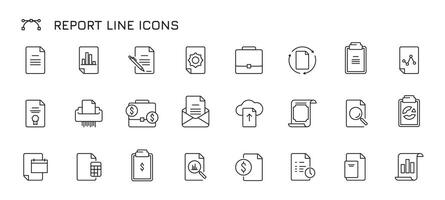 Report line icons. Check mark, tick, download and upload, data analyze and generate, graph and chart, document and research. infographic symbols vector