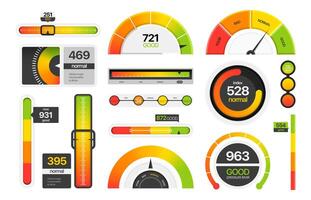 Gauges measuring scale. Tachometer dial speedometer bar graph, progress bar and score level indicators. infographic elements vector