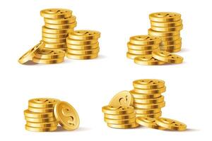 Golden coins stack. 3D Realistic shiny gold coin pile. Money stacks financial elements for gambling game or banking poster isolated on white set vector