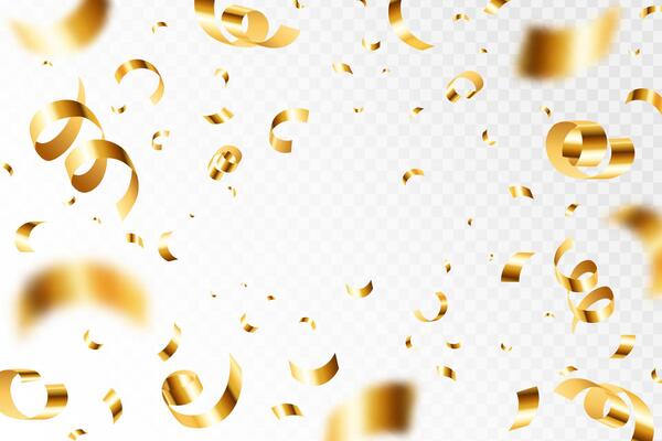Golden confetti explosion. Falling shiny gold serpentine, flying ribbons. Glossy gold paper pieces fly, scatter around. 3D realistic isolated texture