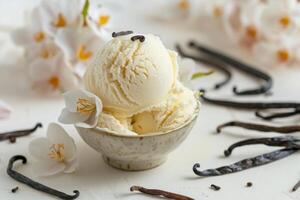 vainilla hielo crema, vainilla frijoles y vainilla flores en el mesa. foto