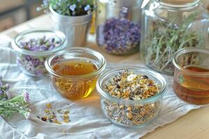 Preparation of herbs, homeopathy, dried flowers and honey. photo