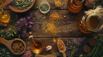 Preparation of herbs, homeopathy, dried flowers and honey. photo