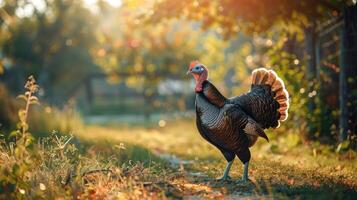 Wild turkey walks a rustic farmyard. photo