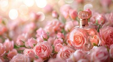 Top view of bottle with perfume on beautiful flowers photo