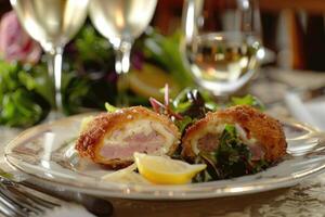 Breaded cutlet stuffed with ham and cheese, sliced in half to reveal the melty interior, on a fine porcelain plate. photo