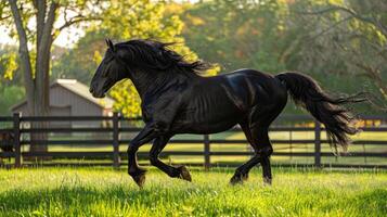 un majestuoso frisón caballo trote graciosamente a través de un iluminado por el sol pastar. foto