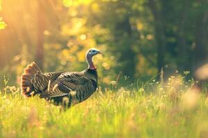 Wild turkey walks in the meadow. photo