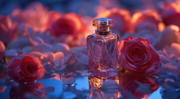 Top view of bottle with perfume on beautiful flowers photo