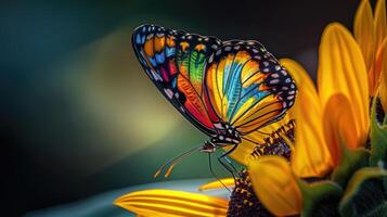 un vibrante mariposa delicadamente encaramado en el pétalos de un floreciente girasol. foto