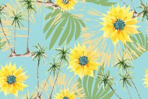 Seamless pattern of palm leaves and sunflower.For designing fabric patterns and wallpaper.Tropical botanical abstract background.Pattern of flowers background. vector