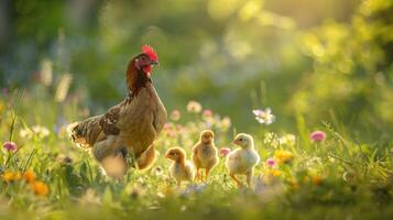 A hen with her chicks in a colorful beautiful meadow in the sun photo