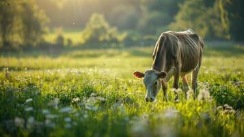 One cow graze green grass. photo