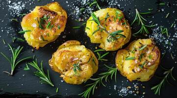 Crushed, smashed potatoes baked with rosemary and thyme. Black background. Top view. photo