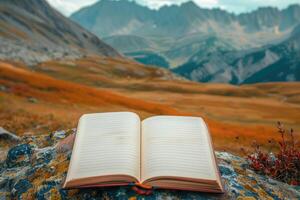 Serene mountain landscape reading spot. photo