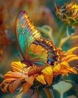 A vibrant butterfly delicately perched on the petals of a blooming sunflower. photo