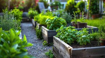 Wooden raised beds neatly arranged with rows of aromatic herbs. photo