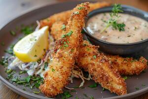 Breaded and fried fish fingers served with remoulade sauce and lemon. photo