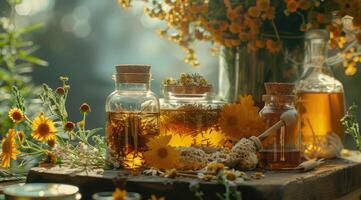 Preparation of herbs, homeopathy, dried flowers and honey. photo