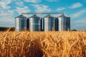 Silos in a wheat field. Storage of agricultural production. photo