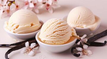 Vanilla ice cream, vanilla beans and vanilla flowers on the table. photo